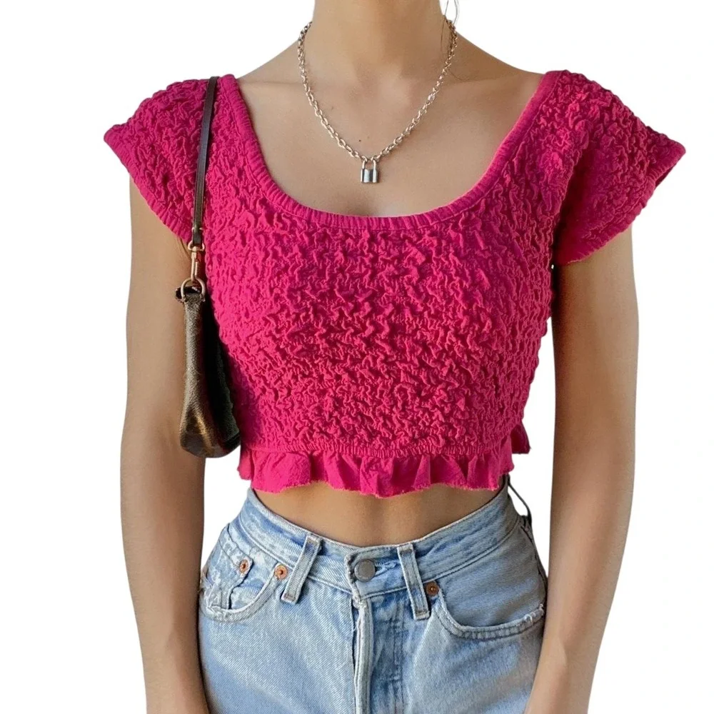 Free People XS Crop Top Cropped Smocked Raspberry Hot Pink Short Sleeve Y2K 1479